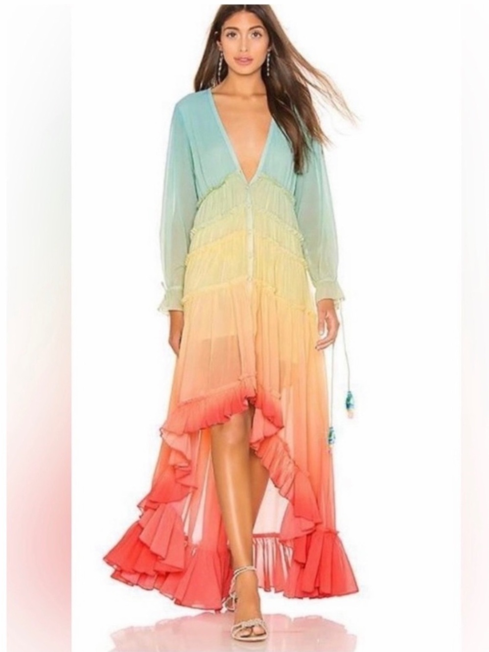 Linjia Shop Large Ombre Rainbow Ruffle Hi-Lo Pastel Boho Festival Maxi Dress
